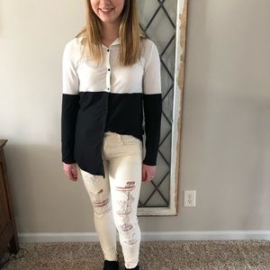 Cream skinny distressed raw hem AE jeans